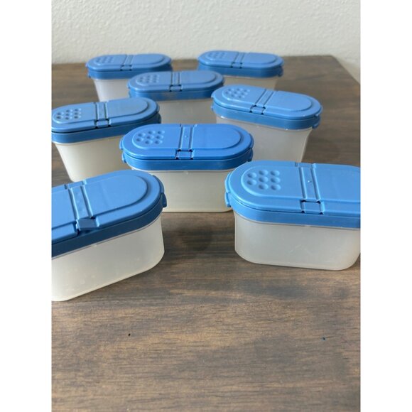 8 Vintage Tupperware Spice Containers White and Blue 4" x 2" one small crack on - Picture 1 of 7